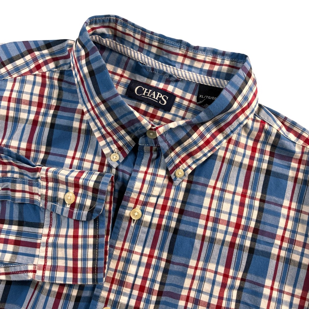 Chaps Men's XL Red Blue Plaid Button‎ Down Shirt Long Sleeve Casual 100%Cotton